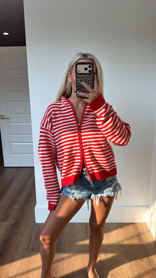 Two Way Zip Cardi- red & white stripe