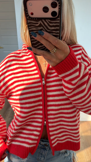 Two Way Zip Cardi- red & white stripe