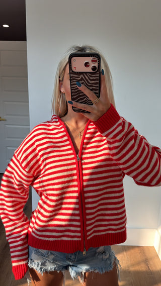 Two Way Zip Cardi- red & white stripe
