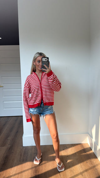 Two Way Zip Cardi- red & white stripe
