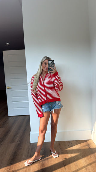 Two Way Zip Cardi- red & white stripe