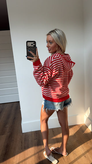 Two Way Zip Cardi- red & white stripe