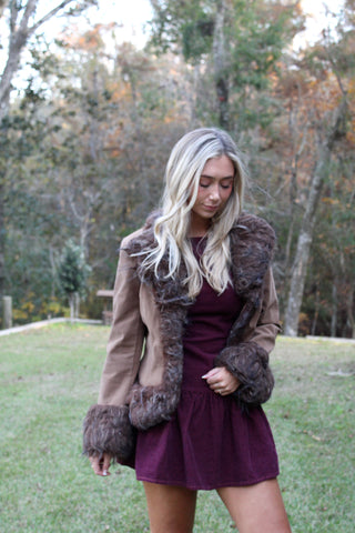 Suede Faux Fur Trim Coat